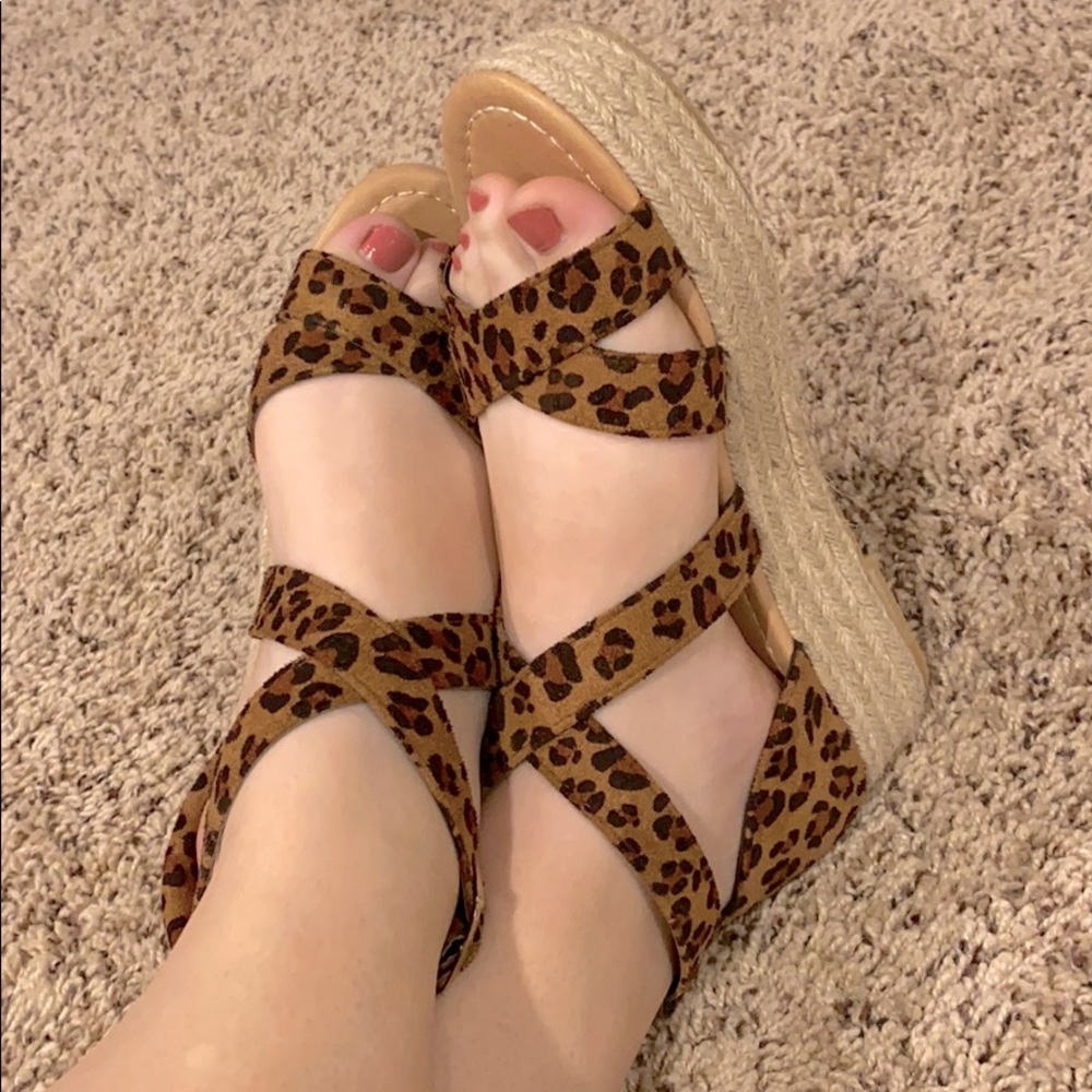 Leopard strap sandals with whicker platform
